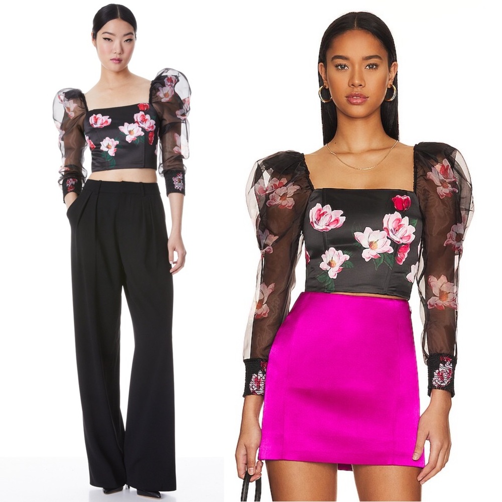 ALICE OLIVIA Sheer Puff Long Sleeve Satin Floral Square Neck Bustier Crop Top 0